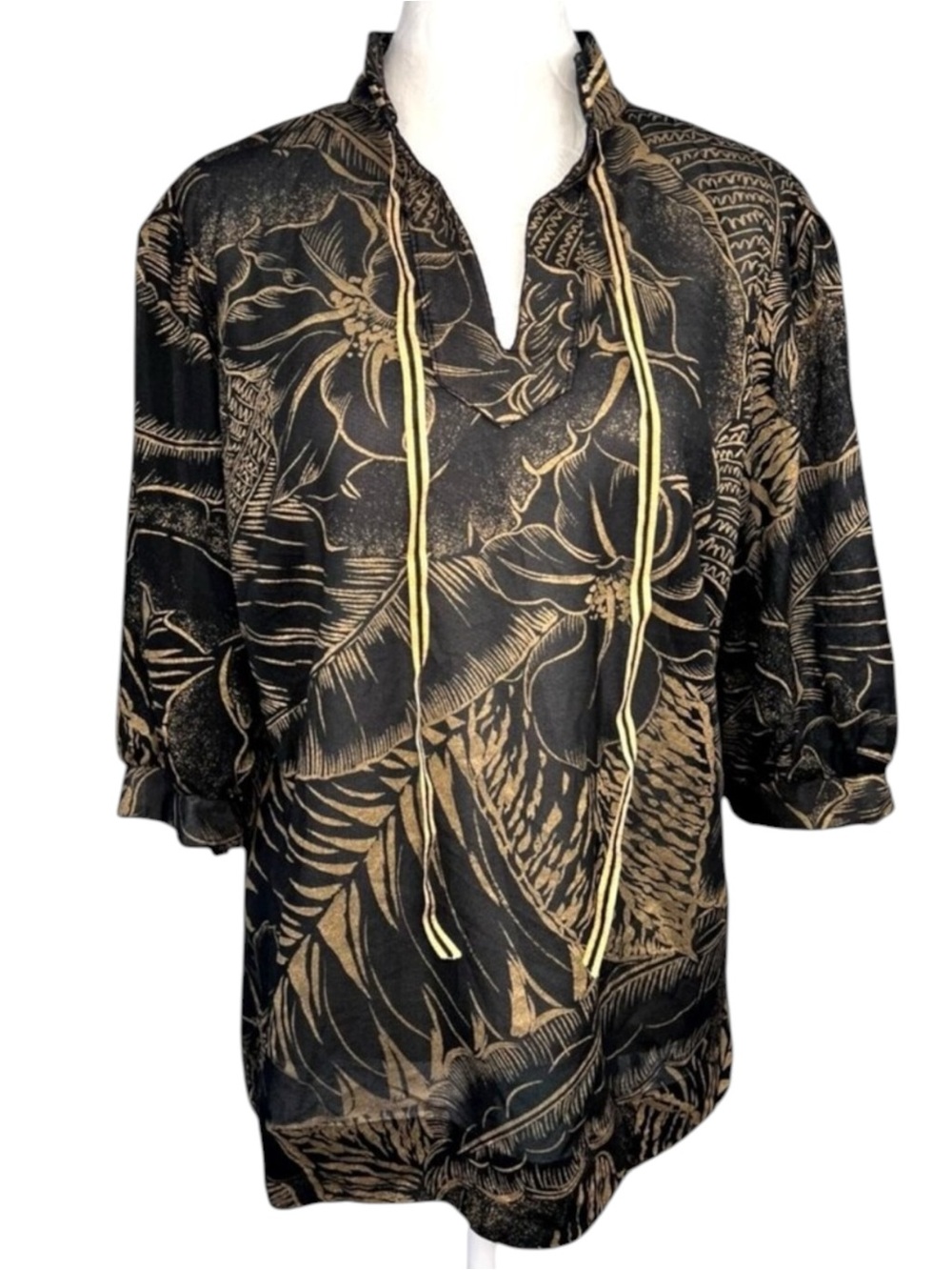 Vintage Added Dimensions Black Gold Floral Blouse Semi Sheer Tassel Medium